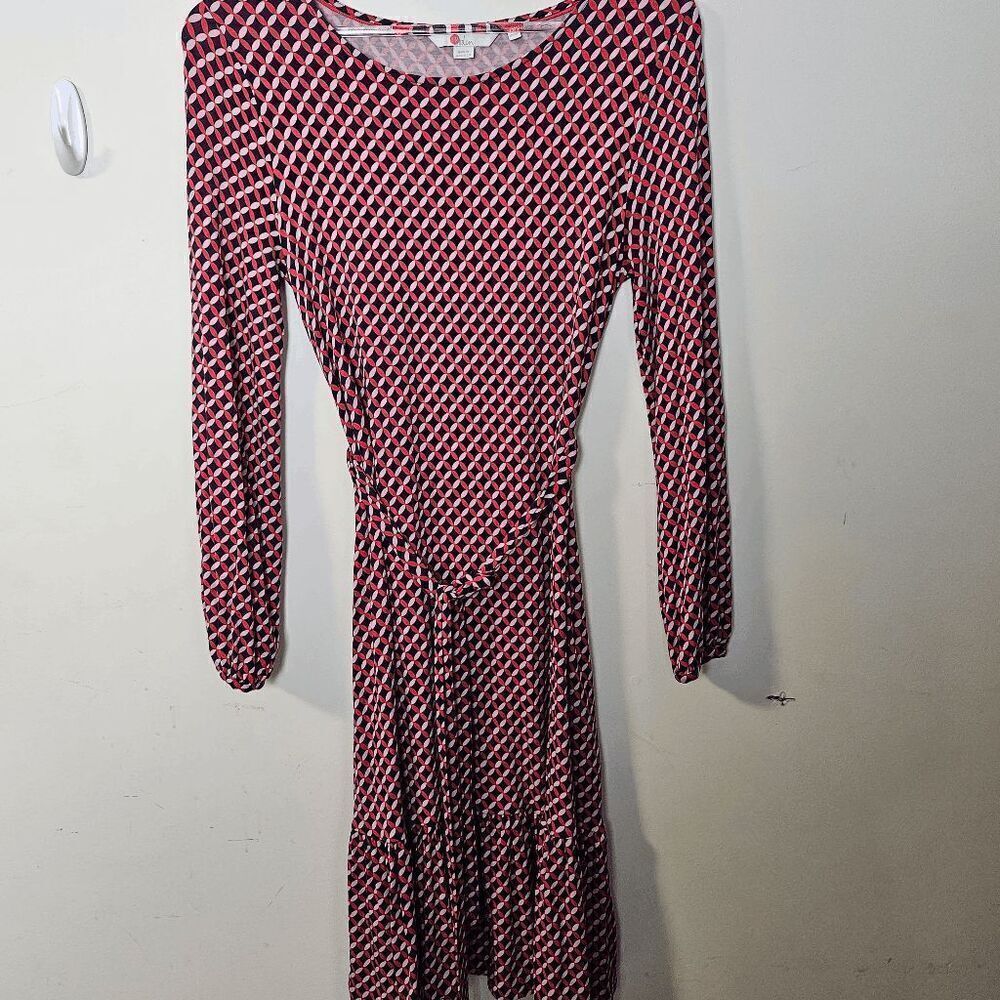 Boden Holly Jersey Knit Midi Dress with Belt Geometric Pattern Womens Red/Black/